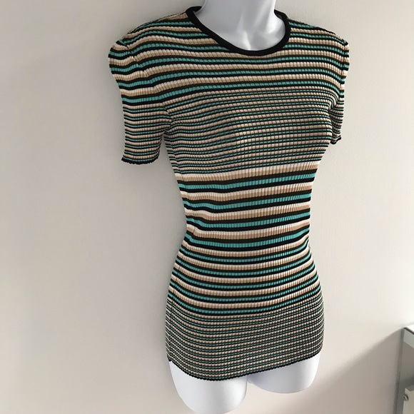 Ozbek Knitted Striped Short Sleeve Top Blue Black Tan 90’s Y2K Vintage - Picture 3 of 13